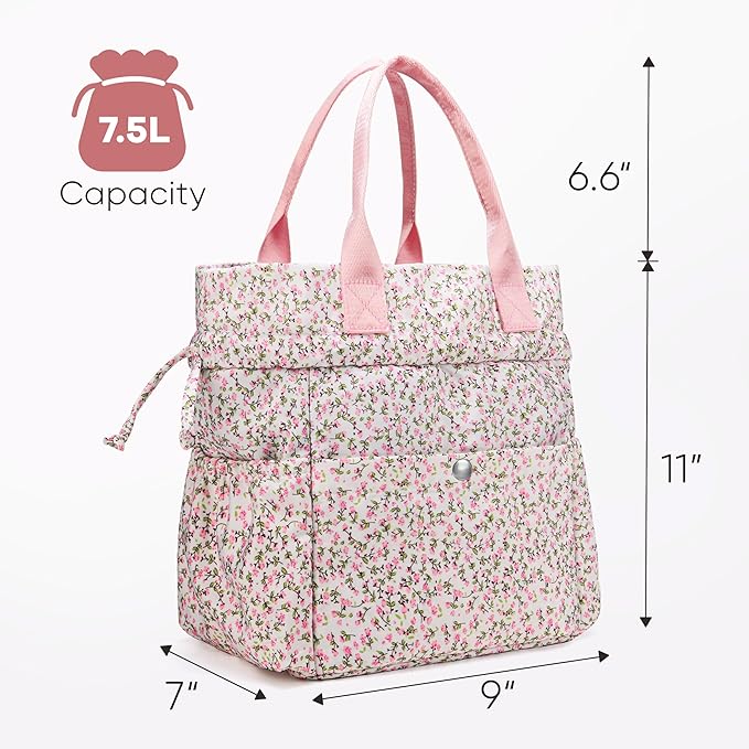 Yarnic Lunch Bag Women Insulated Lunch Bags,Cute Floral Reusable Lunch Box Stain-Resistant Lunchbox with Water Bottle Holder for Adult (Pink Flower)