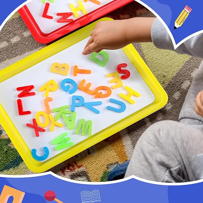 Magnetic Dry Erase Activity Trays Set 9.44 x 13 Inches Classroom Stackable Magnetic Trays with 8 Colorful Dry Erase Markers Letter White Board for Kid Teacher Supplies (6 Pcs,Bright Colors)
