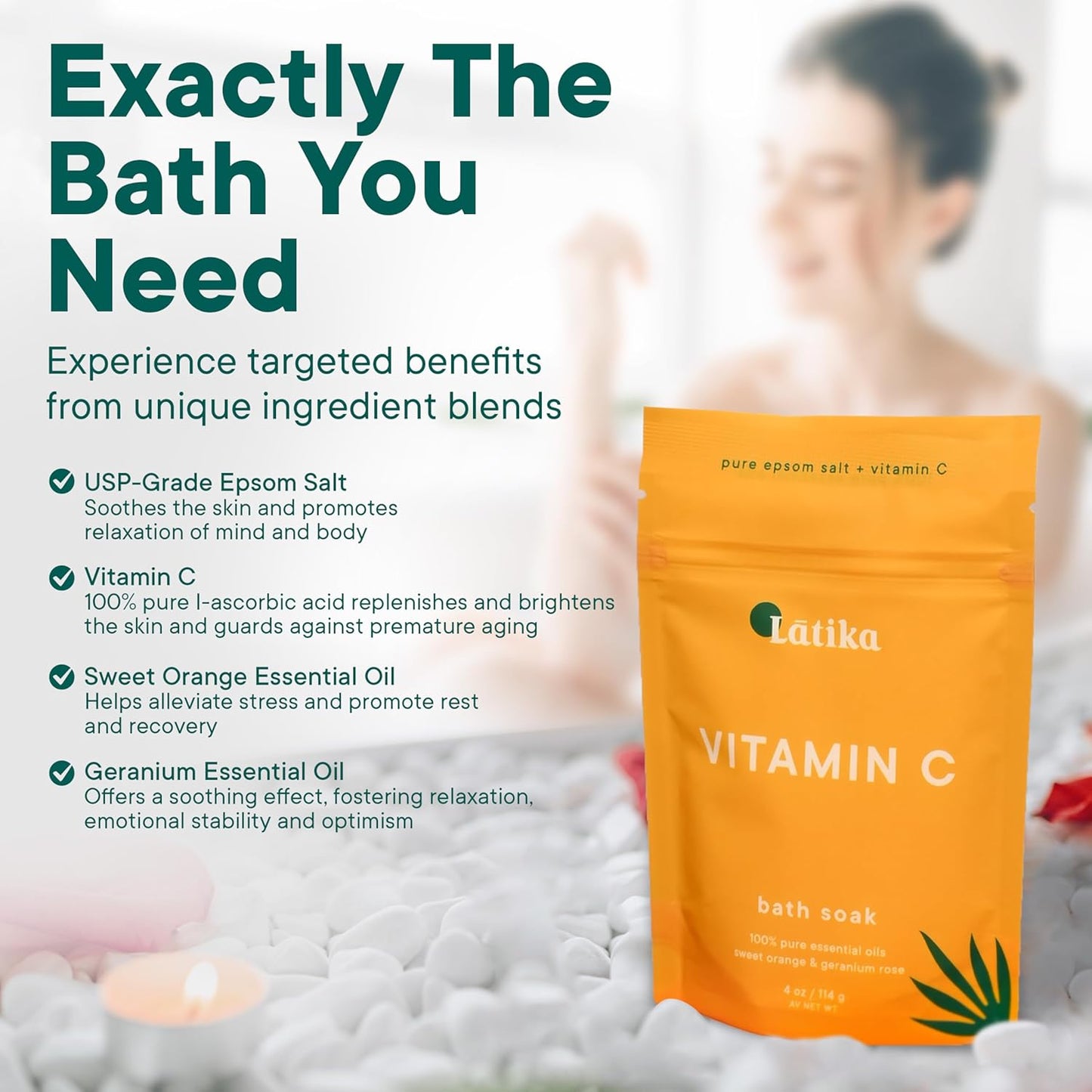 Soaks Set of 3 - Vitamin C Bath Soaks with Sweet Orange and Geranium Rose - Moisturizing Epsom Salt Soaks for Stress Relief, Detox, and Antioxidant Skincare - at Home Spa Retreat