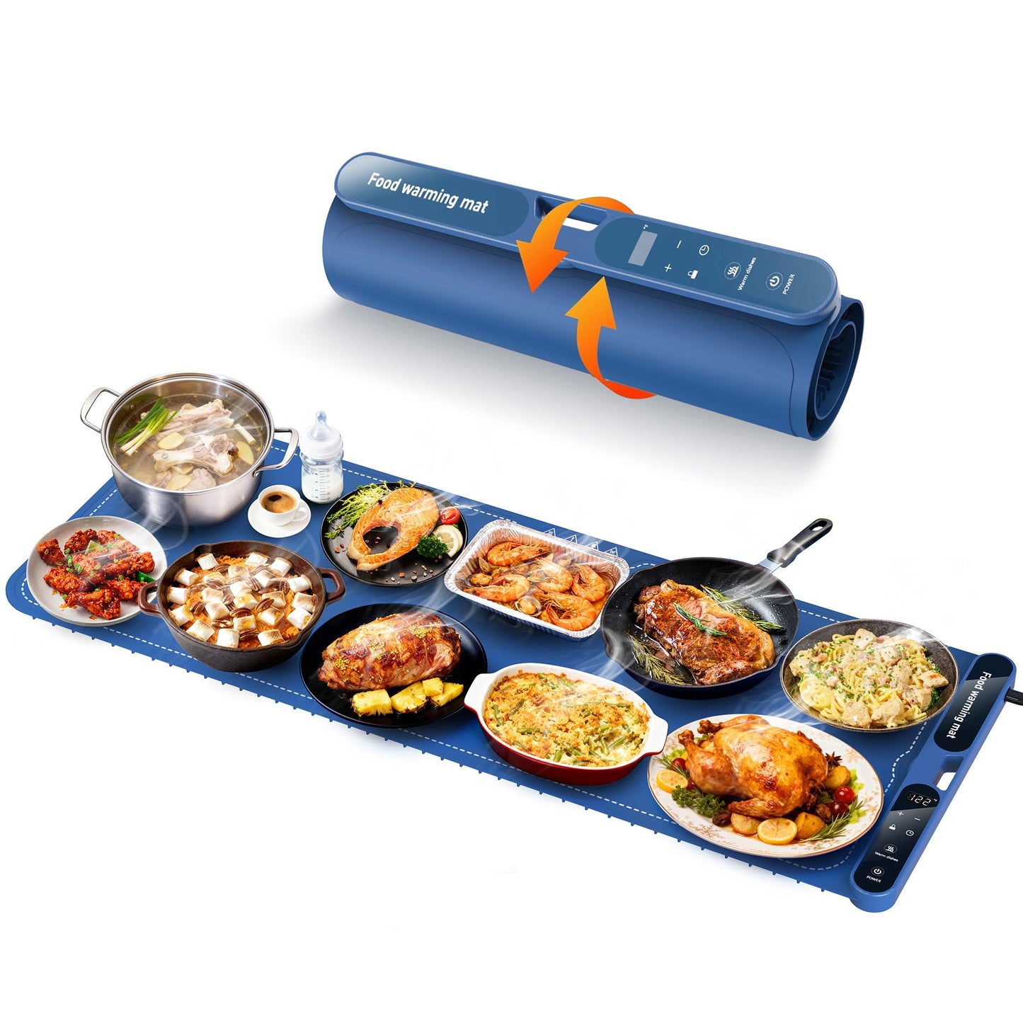 FZF Warming Mat for Food Extra Large, 40"x15" Food Warmers for Parties Buffet, with 7 Temp Level and 9 Timer Setting, Rollable Silicone Electric Warming Tray for Home, Gatherings (Blue)