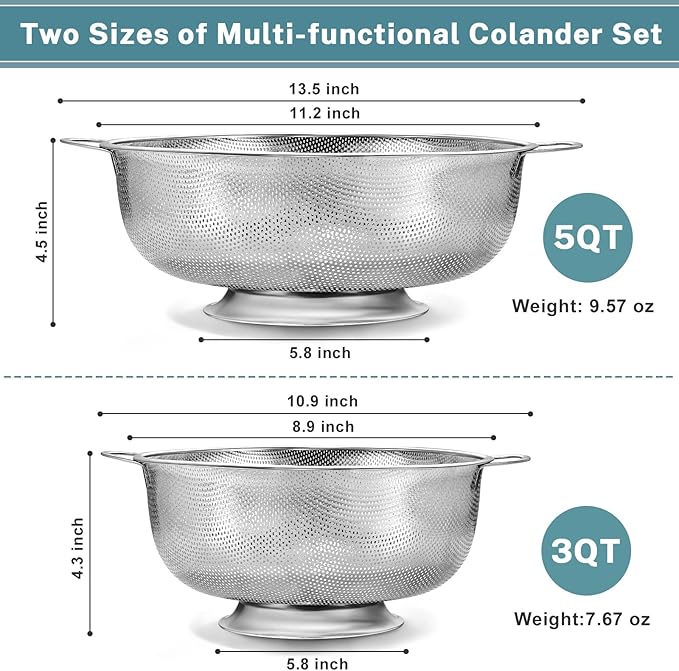 Pleafind 18/8 Stainless Steel Colander for Kitchen - 5 qt and 3 qt, Rapid-Flow Strainers and Colanders with Handle, Pasta Strainer with Sturdy Base for Stable Use, Rust-Resistant & Dishwasher Safe
