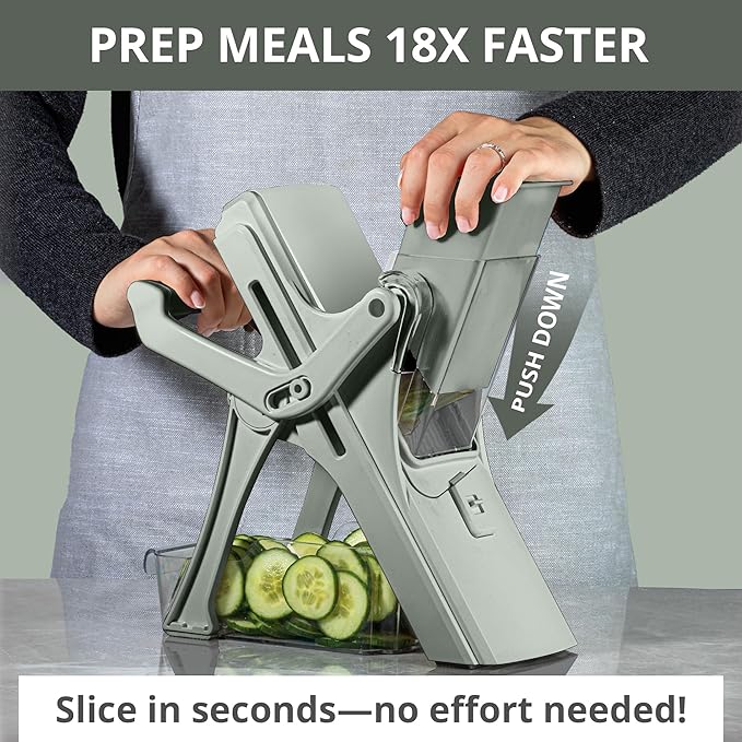 EMSON Safe Mandoline Slicer for Kitchen, All in 1 Mandoline Slicer for Food Works as Potato Slicer, Vegetable Slicer, Food Slicer, French Fry Cutter and More with 5 Blades and Storage Container