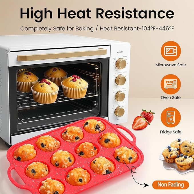 Silicone Muffin Pans for Baking, with Metal Reinforced Frame, Dishwasher Safe BPA Free Nonstick Silicone Cupcake Pan 12 Cups for Baking Homemade Muffins, Cupcakes - 2 Pack