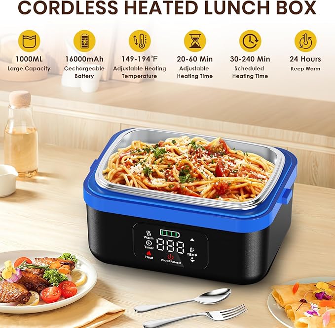 Cordless Electric Heated Lunch Box for Adults, Battery Powered Heated Lunch Boxes, 1 Liter Food Insulated Food Warmer Box with Fork and Spoon Insulated Carrying Pouch for Truck Drivers Blue Collar