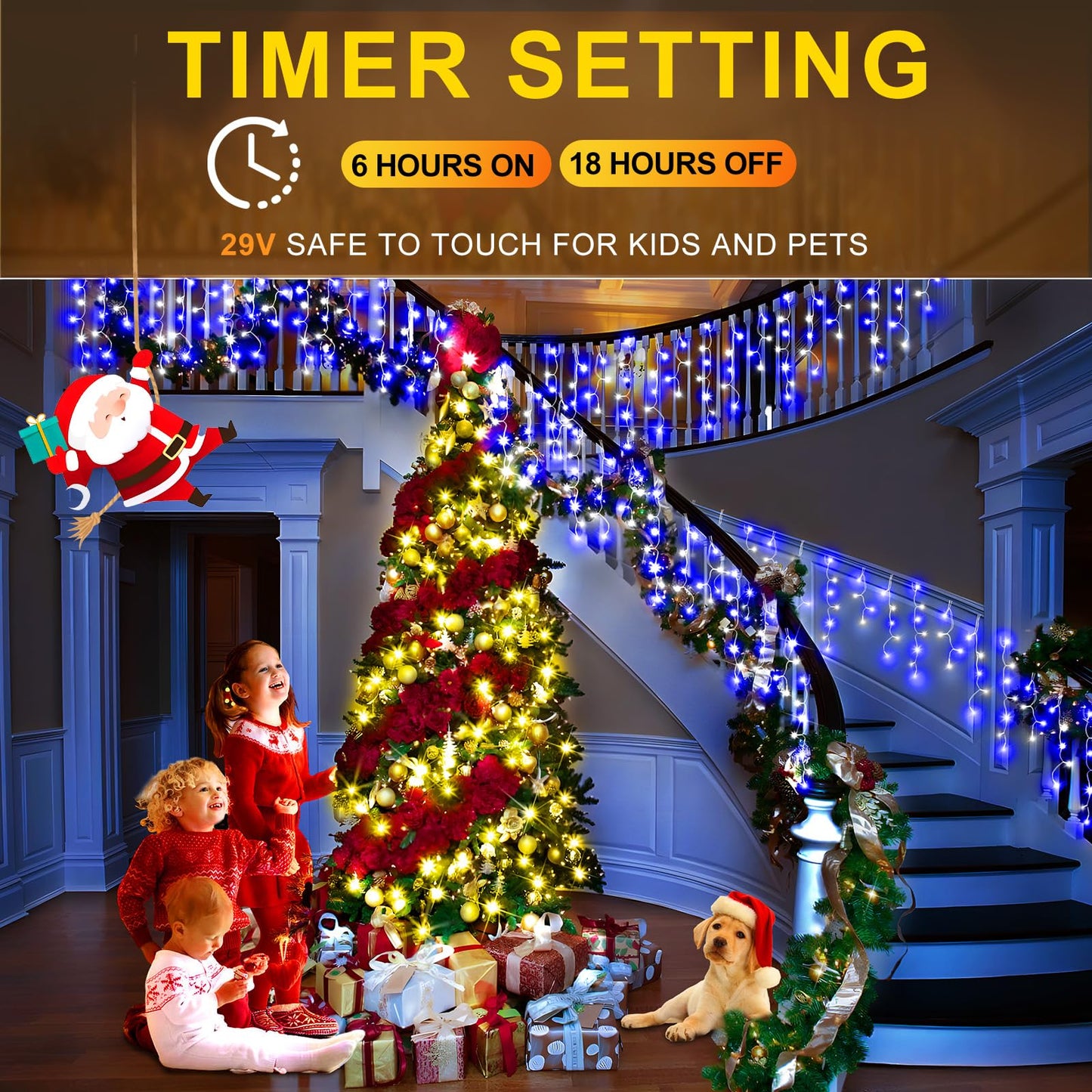 KNONEW LED Curtain Fairy String Lights, 400 LED, 33ft, 8 Modes, Blue and White, Clear Wire, Indoor/Outdoor Decor