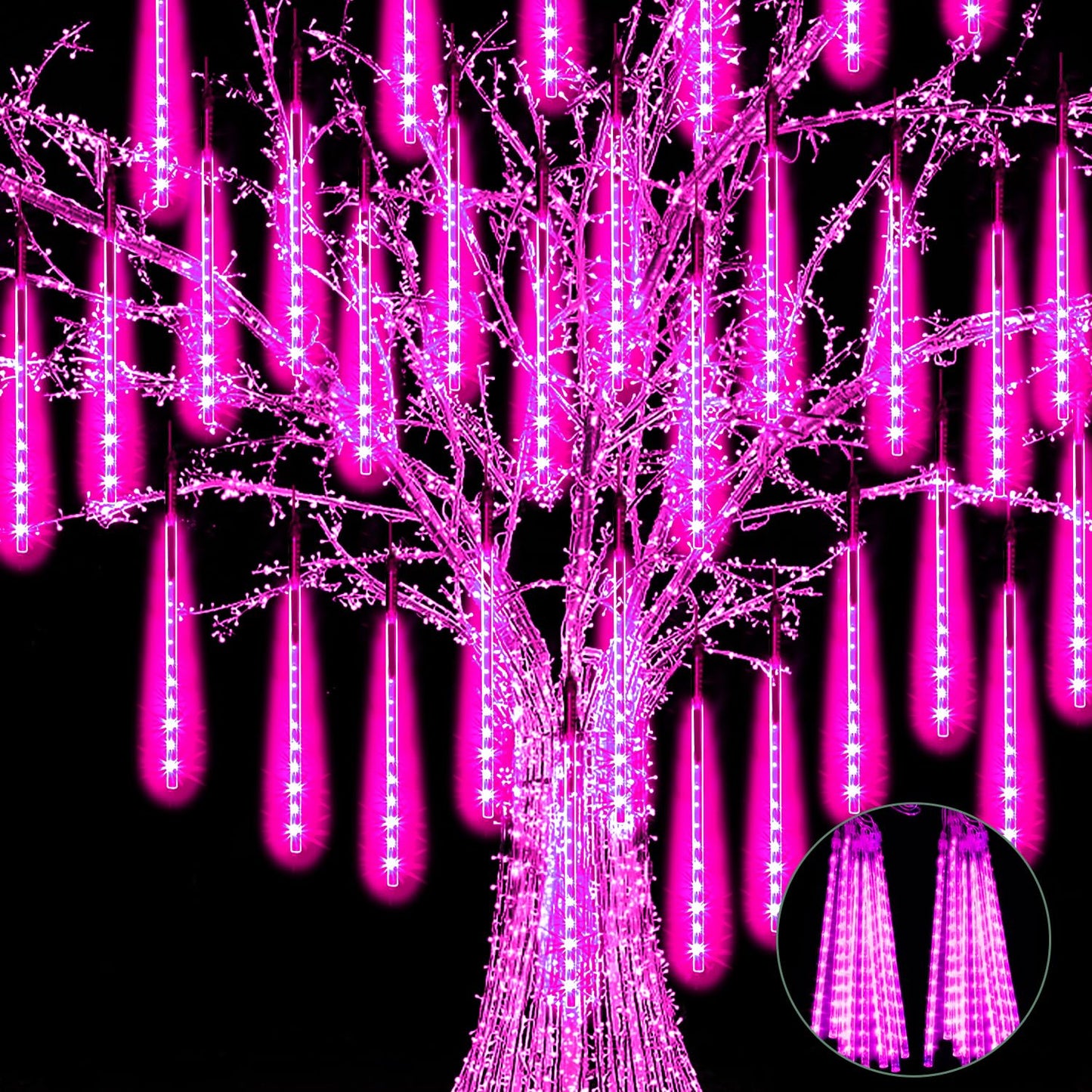 Jjgoo ?4 Pack? Christmas Meteor Shower Rain Lights 20Inch  Totally 40 Tube 1440 Leds Icicle Light Outdoor Raindrop Lights For Xmas Halloween Wedding Party Tree Holiday Decoration  Pink