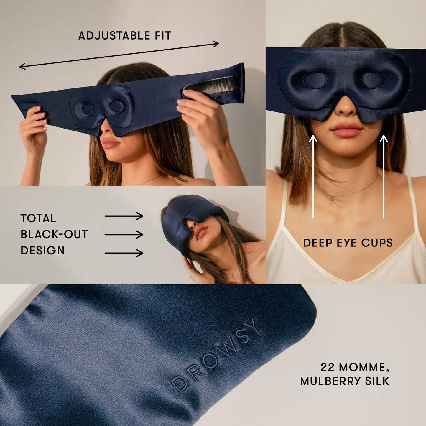 DROWSY Eyelash Protecting Silk Sleep Mask for Natural Lashes & Extensions. Deep Eye Cups, Zero Pressure, Total Blackout, Full Wraparound (Midnight Blue)