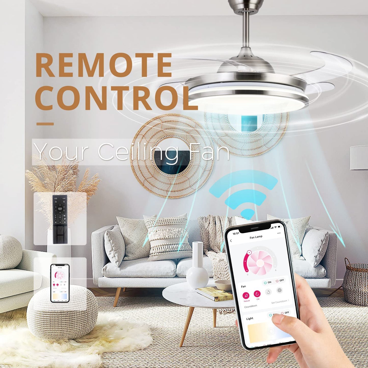 Sterren Retractable Ceiling Fans With Lights,42 Inch Modern Low Profile Bladeless Led Ceiling Fan Lights With Remote Control Sma
