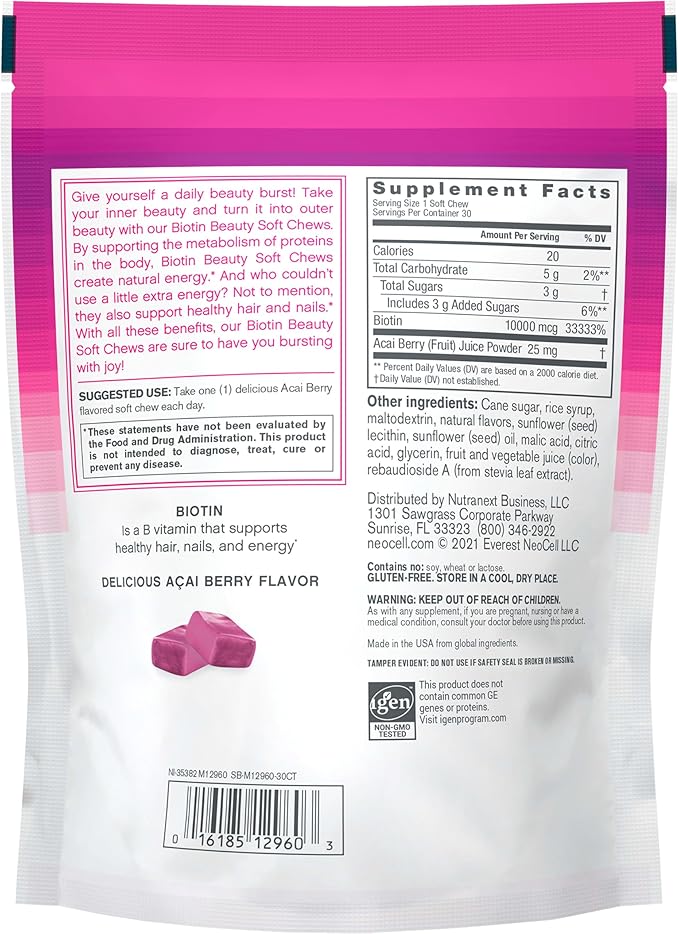 NeoCell Biotin Beauty Soft Chews, For Healthy Skin, Hair, Nails, Energy Support Supplement, Acai Berry Flavor, Soft Chews, 30 Count, 1 Bag