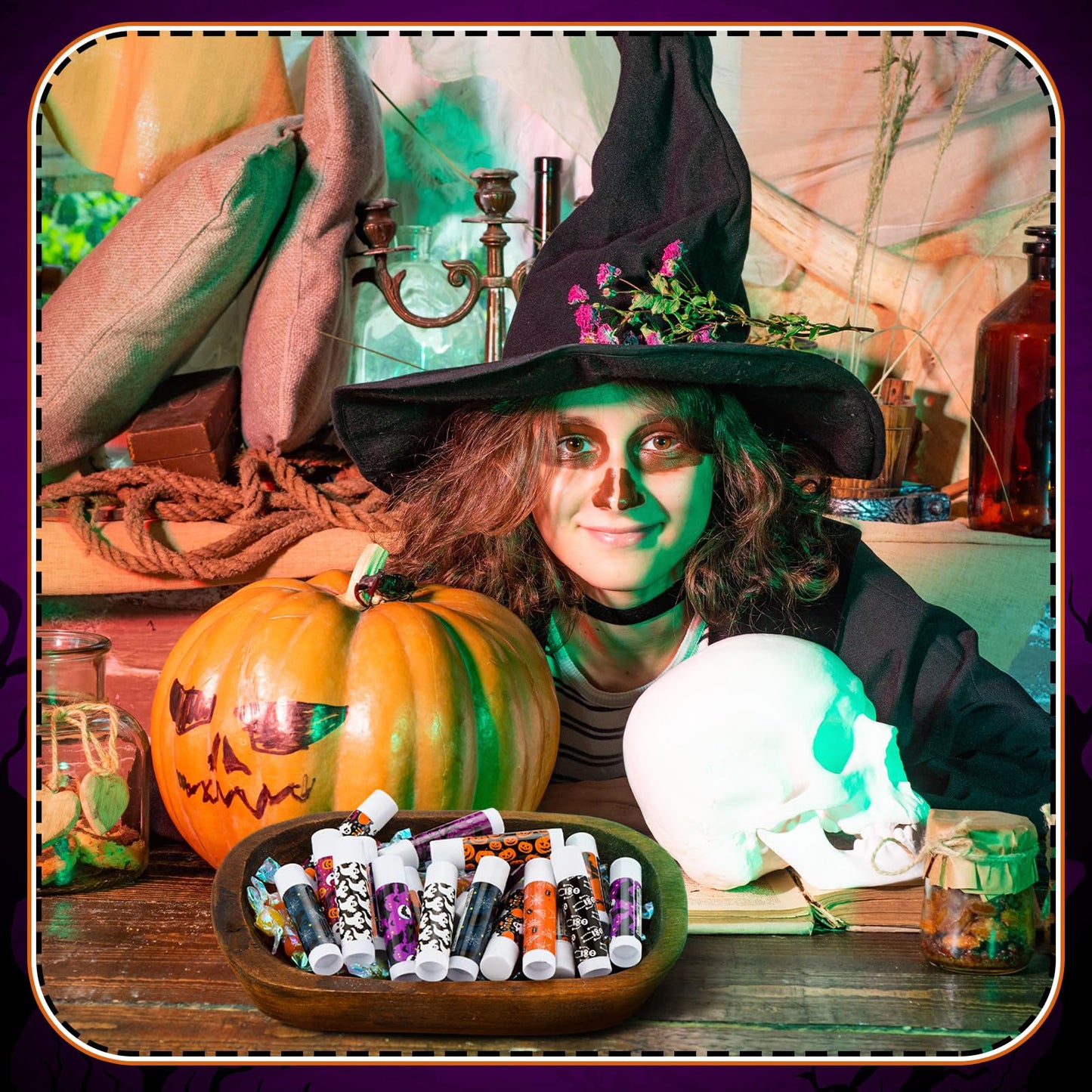 Siifert 50 Pcs Halloween Lip Balm Gifts Bulk Pumpkin Ghost Black Cat Skull Lip Balm Favors 10 Styles Honey Flavor Spooky Party S