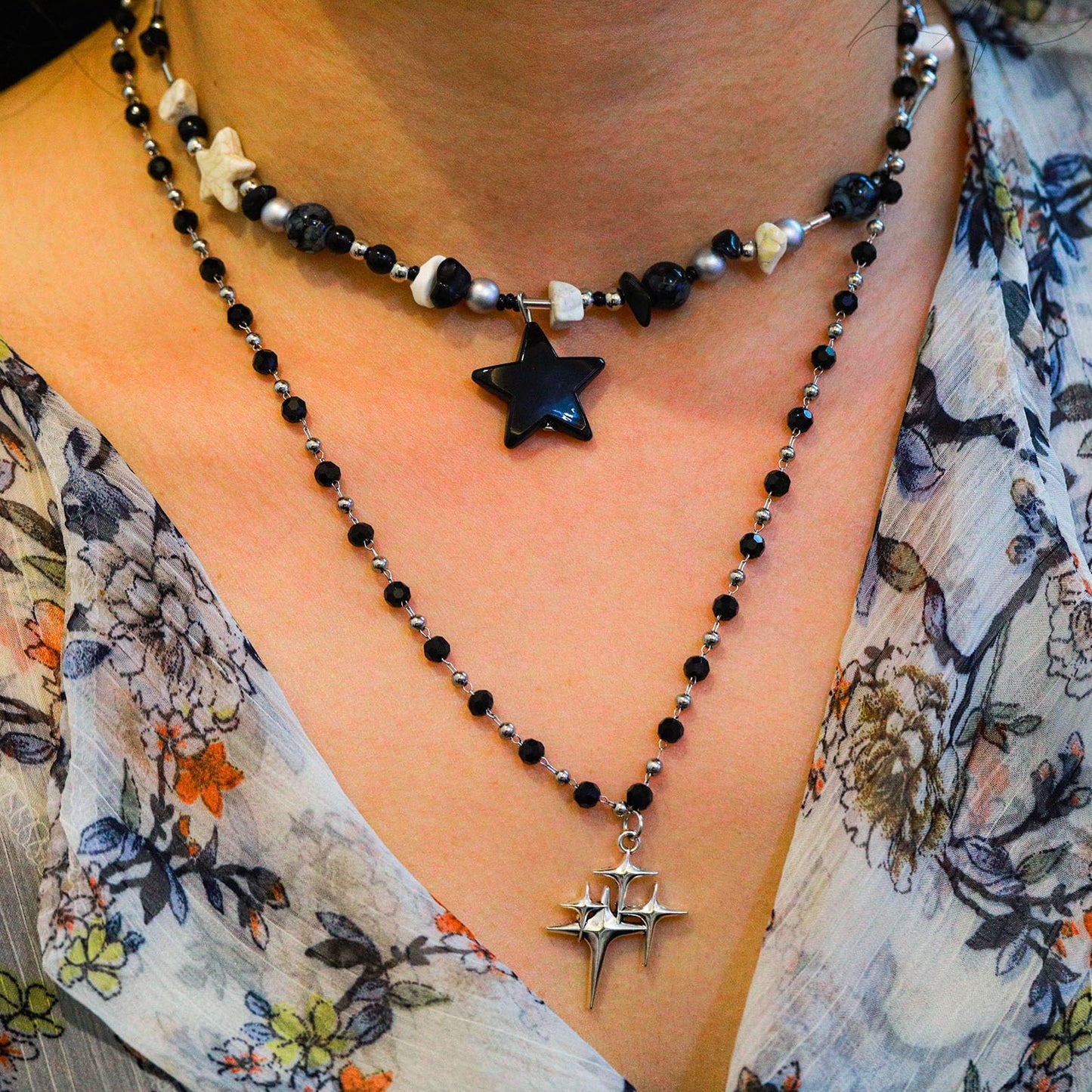 LIRUNQIN 5PCS Y2K Gothic Necklace Set – Star Pendant, Beaded Silver Chain, Grunge Emo Jewelry Pack – Alt Accessories for Women– Fairy Grunge, Alternative, Goth & Y2K Jewelry