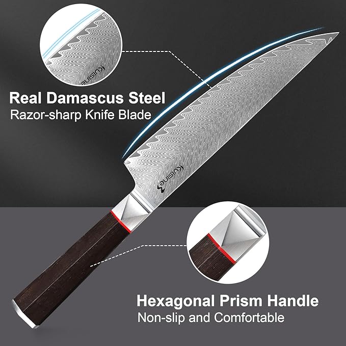 KUISINE Premium Damascus Chef Knife Non-slip Wooden Handle Razor sharp Blade Luxuy Gift for Holidays(Silver Pro, 8inch)