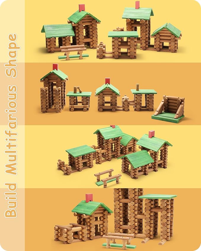 SainSmart Jr. 300 PCS Wooden Log Cabin Set Building House Toy for Toddlers, Classical STEM Construction Kit Compatible with Lincoln Logs for 3+ Kids