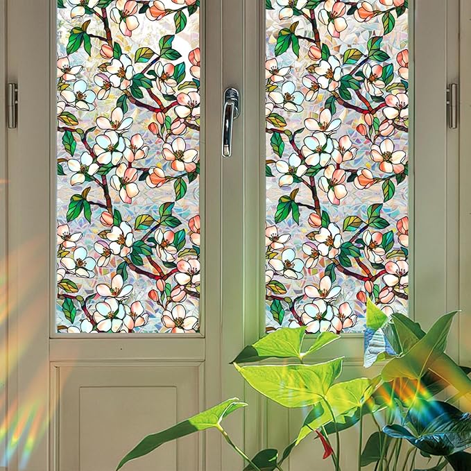 Stained Glass Window Film UV Resistant Window Privacy Film Petal Privacy Rainbow Decals Living Room Bedroom Sun Blocking Decor Removable Static Cling Stickers 17 x 39.37 Inch