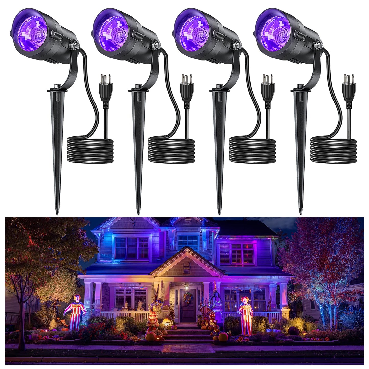 Hiboitec Halloween Black Light Spotlight Outdoor 12W Ip65 Waterproof Led Spot Lights Landscape Lighting With Us Plug For Glow Party Body discomfort-reducingt Yard Garden Decorations 4Packs
