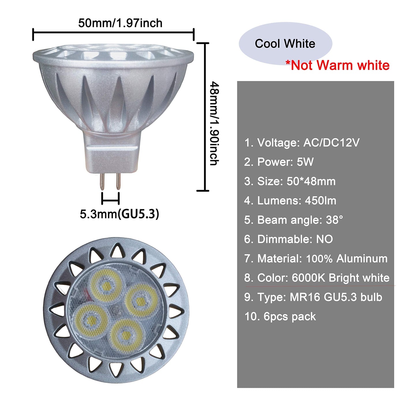 ALIDE MR16 LED Bulbs 5W 6000K Daylight White 450lm 6 Pack GU5.3 Low Voltage Not Dimmable