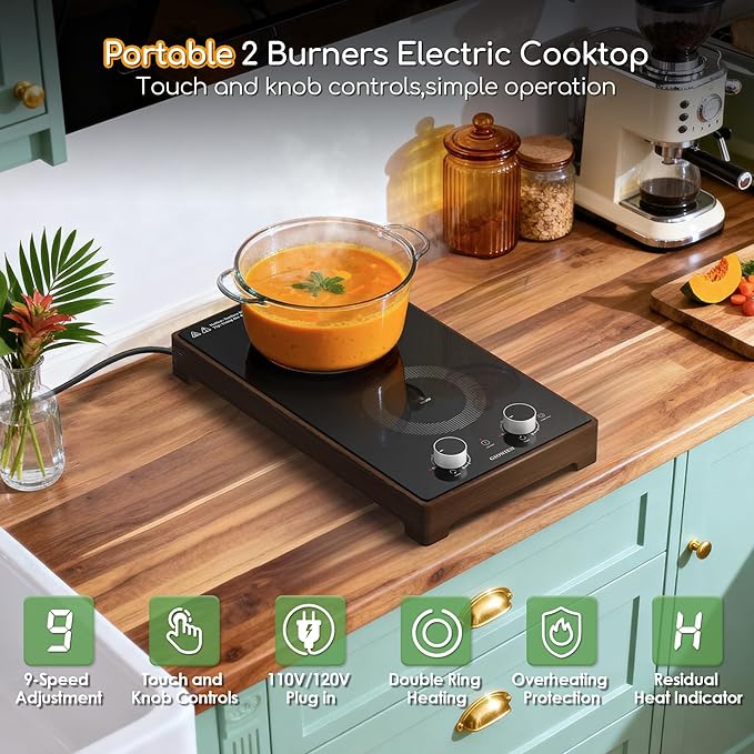 12 Inch Electric Cooktop with 2 Burner,110V-120V, 1800W,Plug in Electric Stove Top with Countertop Support Frame‌,Countertop & Built-in,Glass Radiant Cooktop with Knob & Touch Control
