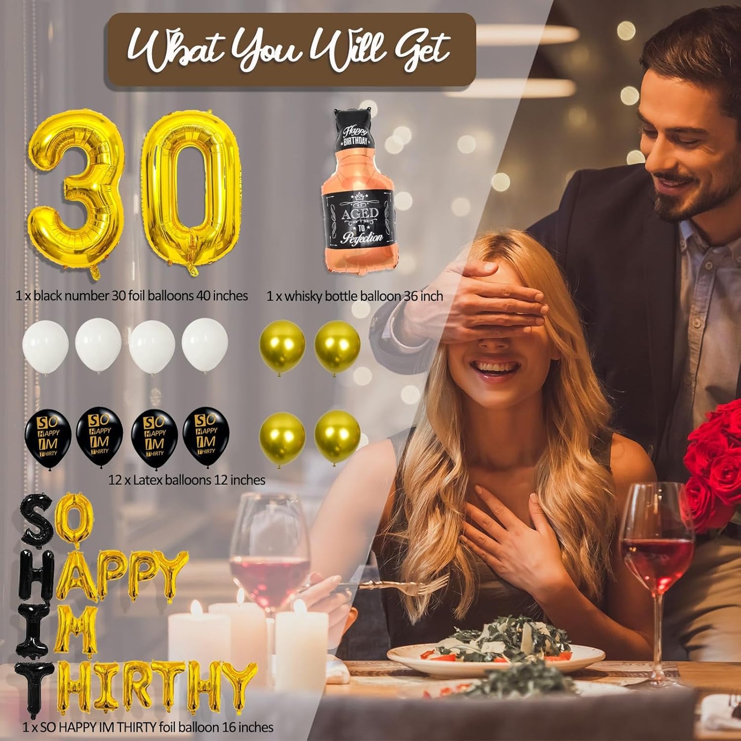 30th Birthday Decorations for Him, Thirty Birthday Decorations in Black and God So Happy IM Thirty Balloons Set for Party