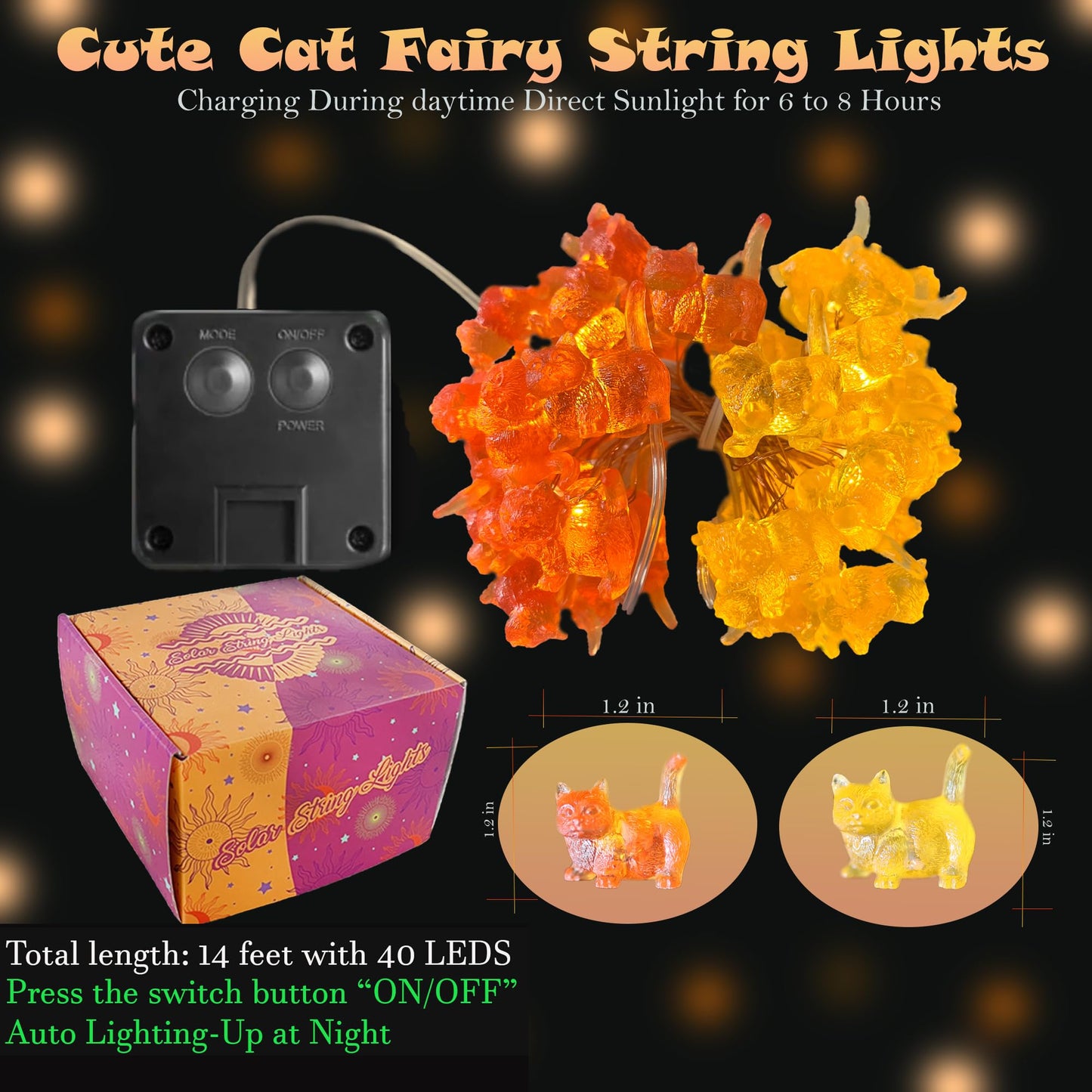 Solar Cat String Lights - Christmas Thanksgiving Holiday Decor - Waterproof Kitty Fairy Lights For Garden  Patio Summer Parties - Solar Powered Cat D?Cor For Festive 40Led 14Ft Fence Window Pond