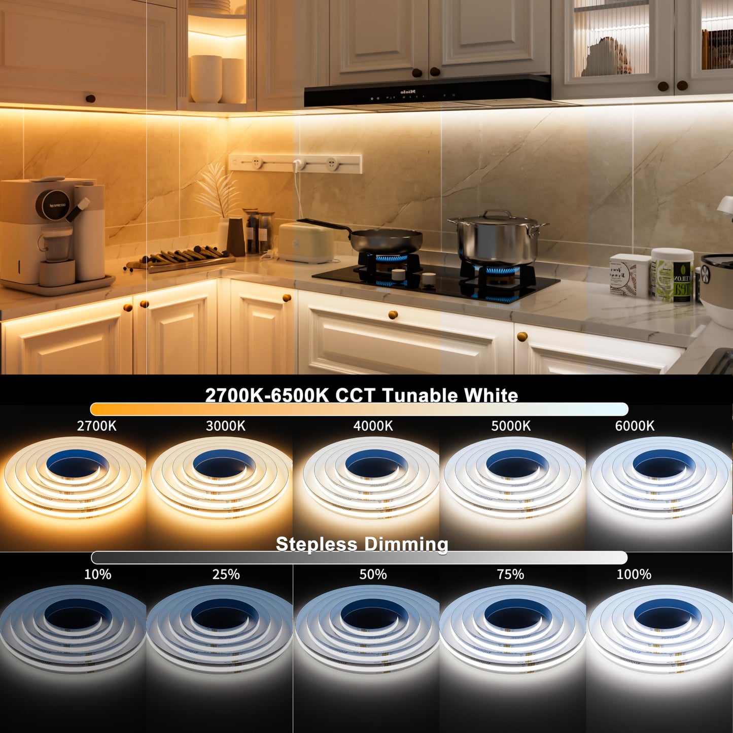 MIWISE COB LED Strip Light 20ft 2700K-6500K Dimmable Color Changing with Remote & APP Control Model MCCTCOB576D10W24V-6.