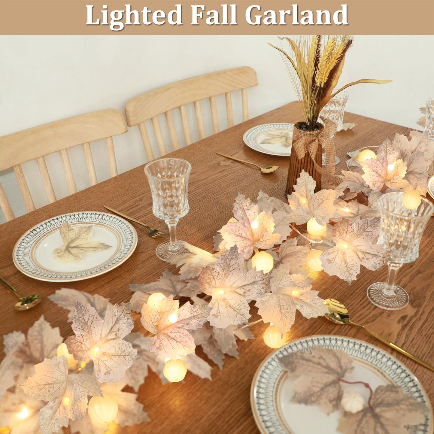Thanksgiving Decorations-3 Pack 60Led Pumpkin Lights Fall Garland With 3D Pumpkin Enlarged Maples Leaf Battery Operated Pumpkin Thanksgiving Decor Autumn Fall Decor For Home Indoor Outdoor Holiday