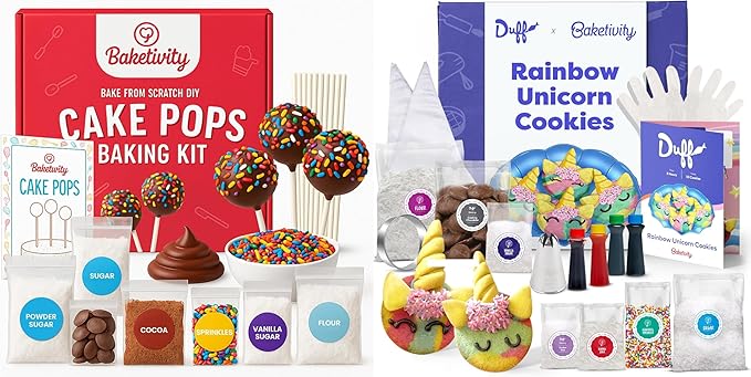 Baketivity Baking Kit Bundle – DIY Cake Pops & Unicorn Rainbow Cookies by Duff Goldman – Kids Baking Set with Pre-Measured Kosher Ingredients, Decorating Supplies & Video Tutorials – Ages 6-12+