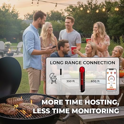 Grill Tech Smart Bluetooth Meat Thermometer Wireless Meat Thermometer for Grilling and Smoking, Precision Accuracy, 950ft Range, USB-C Rechargeable Case, Grill Tech App for Grilling