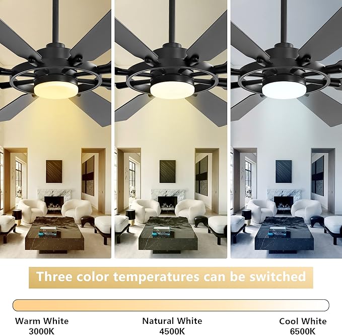 80" Ceiling Fan with Lights and Remote Control, Wood 8 Blades 6-Speed Noiseless Reversible DC Motor, 3 Downrods, Modern Large Indoor/Outdoor Ceiling fan for Patio Bedroom Dining Living Room, Black