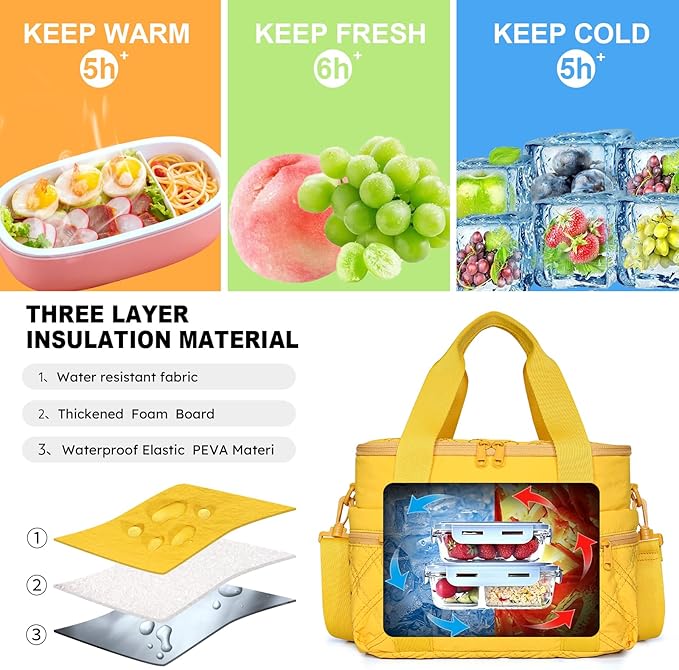 NOL Natural Organic Lifestyle Women's Nylon Lunch Cooler Cute Quilted Lunch Bag Large Leakproof Insulated Lunch Tote Bag for Work Picnic Travel,Earth-yellow