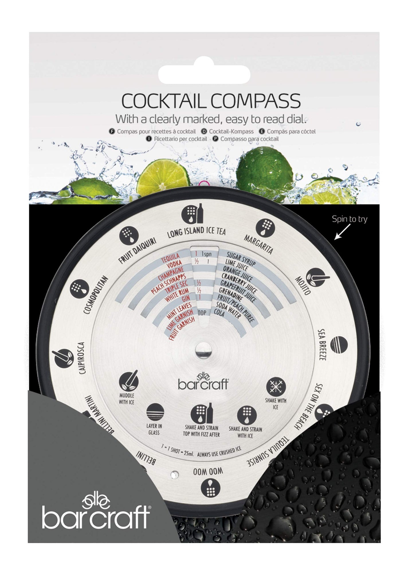 BarCraft BCLLCOMPASS Cocktail Compass with 12 Recipes, Stainless Steel, White, 14cm
