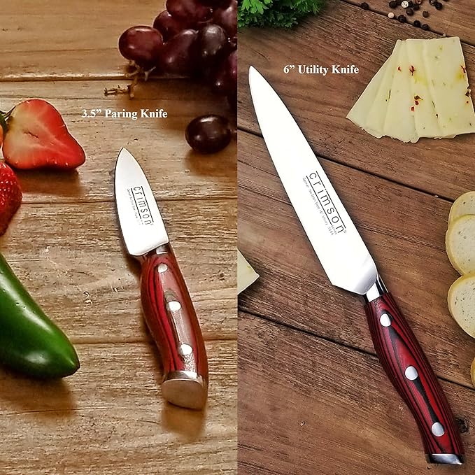 Ergo Chef CRIMSON Series Bamboo Block Knife Set Forged High Carbon X50CrMoV15 German Stainless-Steel, Full Tang, Durable G10 Handles (10pc. Block Set)