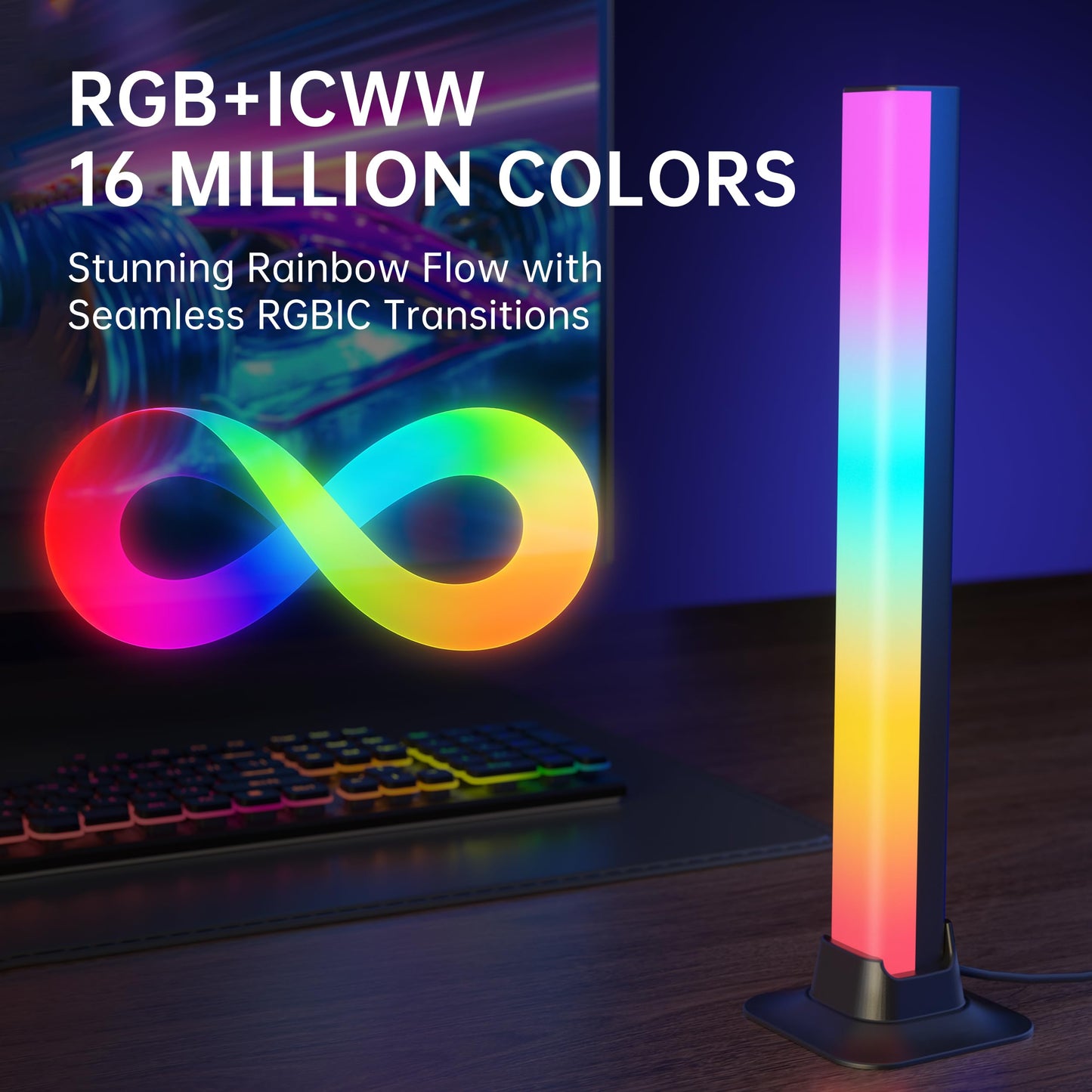 VUQ Light Bars with RGB+IC, 16.5-inch Bluetooth TV LED Backlight Suitable 45-85inch TVs, Smart TV Behind Lights with 16M Colors Scene and Music Modes for Gaming, Patry, Room Decotation