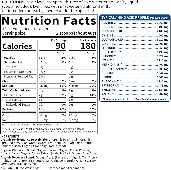 Organic Vegan Chocolate Protein Powder with Probiotics, BCAAs, 30g Plant Protein, NSF Certified, Gluten Free & Sport, Non GMO, Garden of Life Sport Protein Powder - 19 Servings