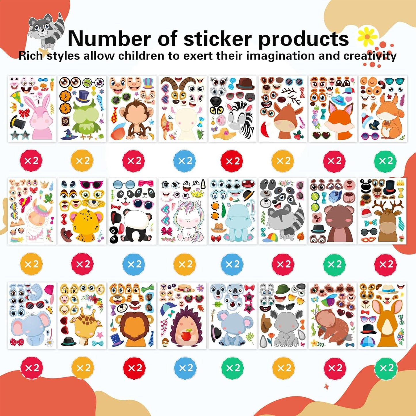 48 PCS Make a Face Stickers Sheets for Kids, Make Your Own Animal Mix and Match Stickers Sheets, Cute Animal Sticker for Birthday Party Favors Supplies Teacher Reward