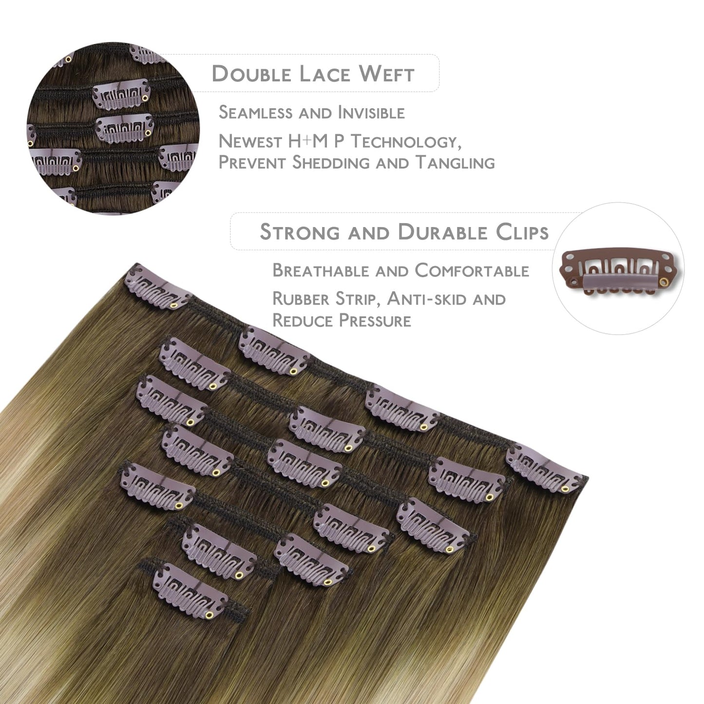 WENNALIFE Clip in Hair Extensions Real Human Hair, 22 Inch 120g 7pcs Remy Hair, Balayage Light Ash Brown to Light White Blonde H