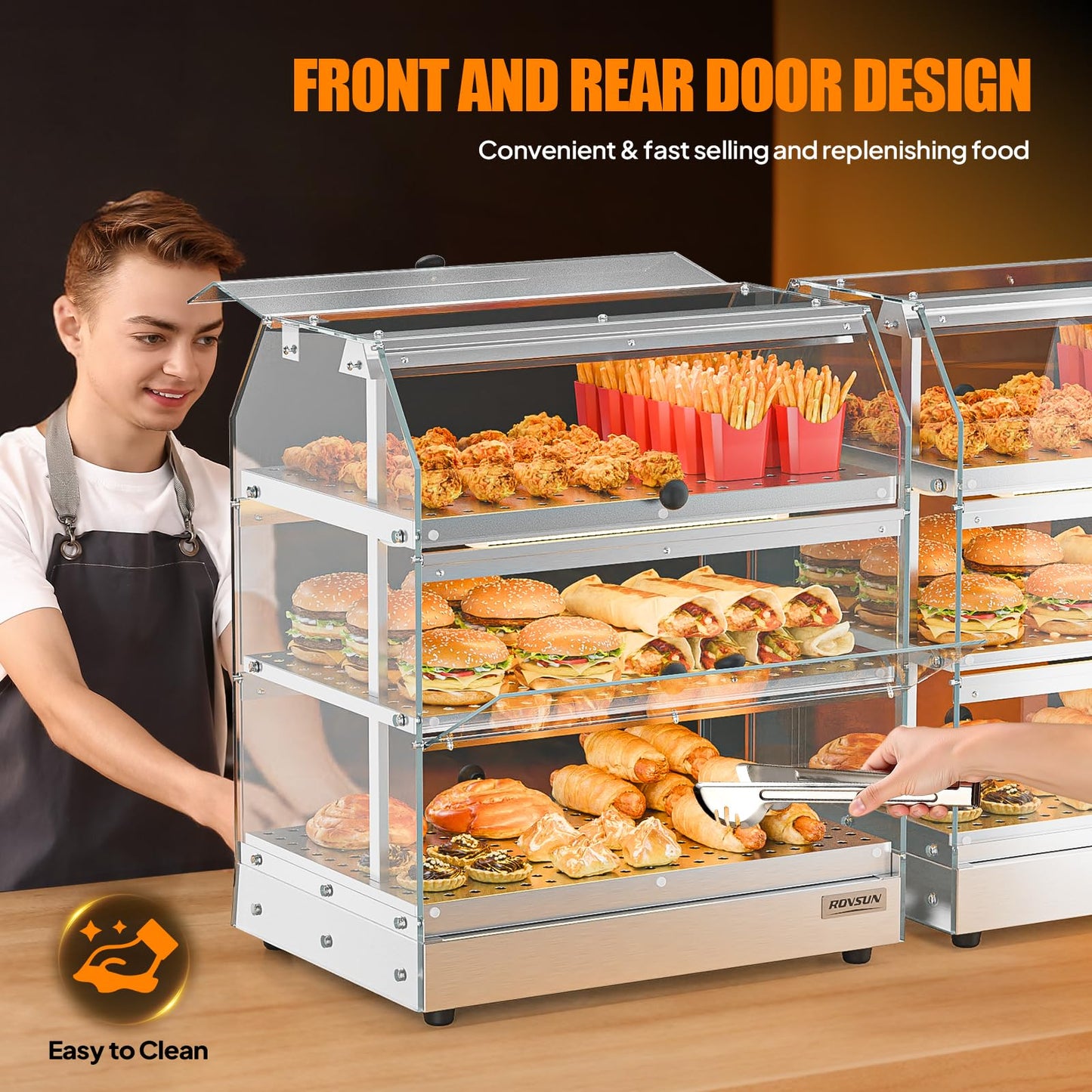 ROVSUN 3-Tier Food Warmer Pizza Warmer Countertop, Food Warmer Display Pretzel Warmer with LED Lighting Front and Rear Doors, Electric Catering Hot Box Acrylic for Buffet Restaurant Cafe