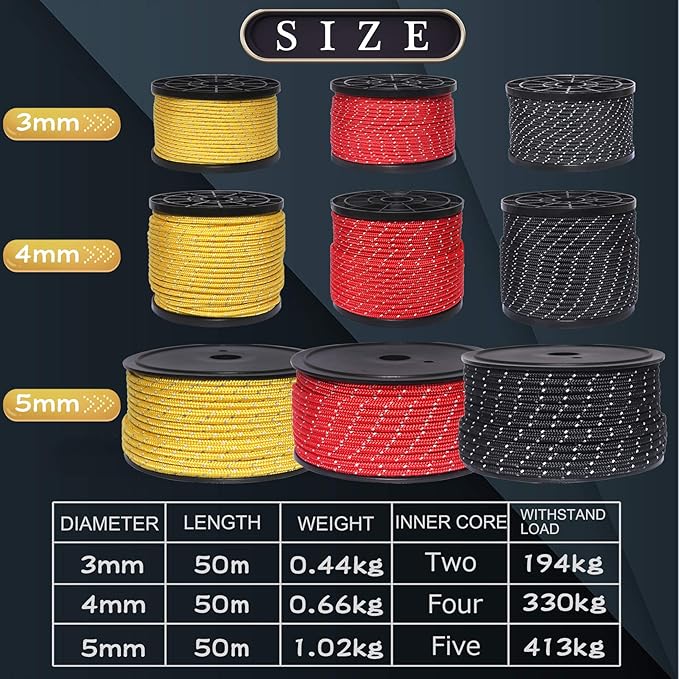 HIKEMAN 50m Reflective Guyline Solid Braid Nylon Camping Rope with Aluminum Adjuster Cord Tensioner Tent Accessory for Outdoor Travel,Hiking,Backpacking and Water Activities (Black, 4mm)