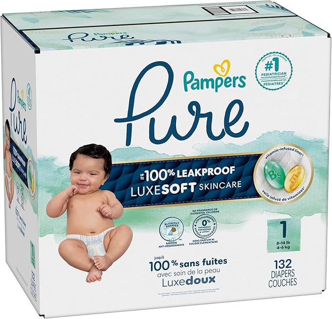 Pampers Pure Protection Baby Diapers, Size 1 (8-14 lbs), 132 Count, Up to 100% Leakproof, Premium Plant-based Skin Protection, Hypoallergenic Soft Diapers