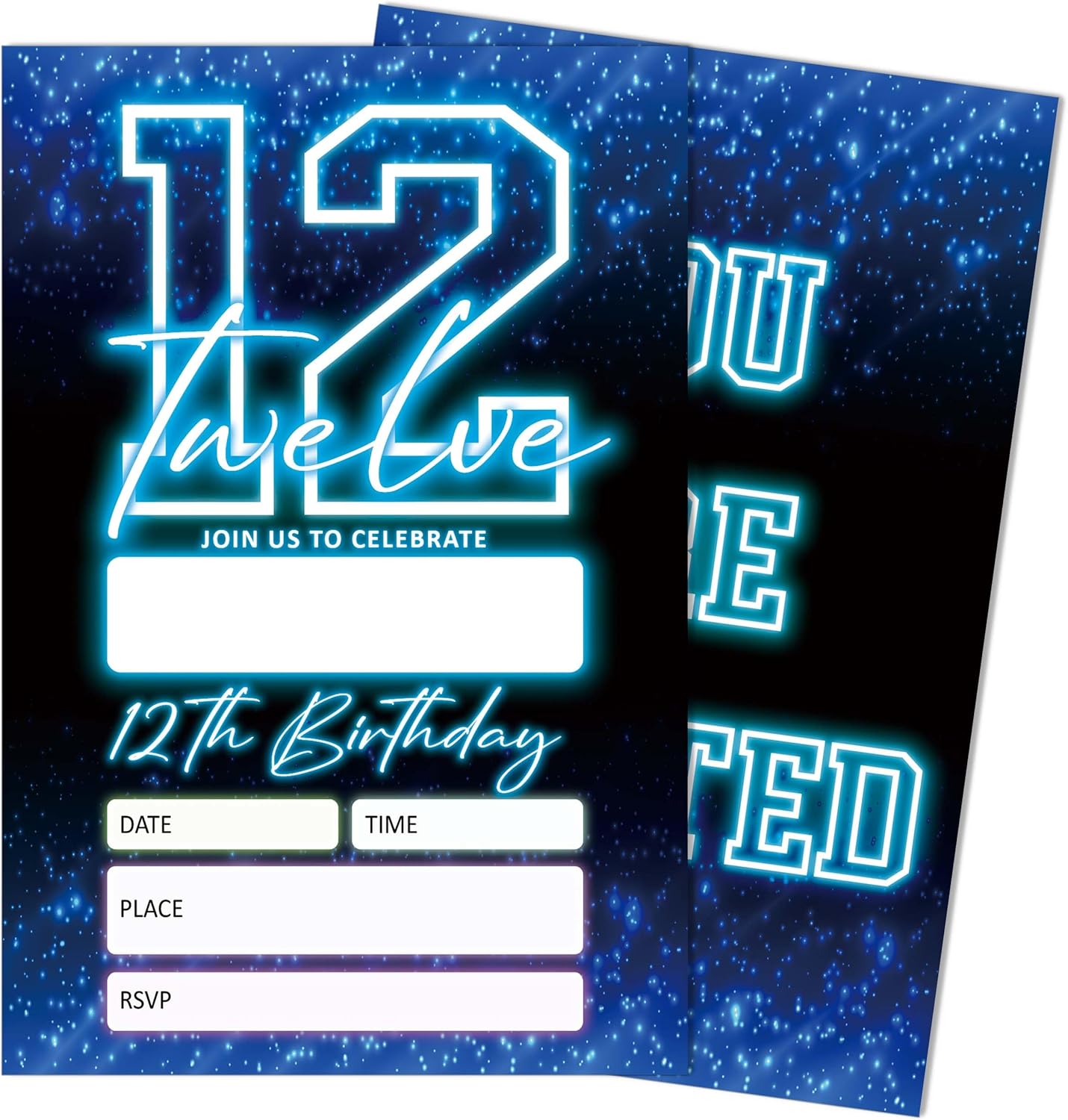 SIXEIGHT Blue 12th Birthday Party Invitations for Boys, Glow Neon Birthday Invitations, 20 Double Sided Invite Cards with Envelopes for Kids Girls, Party Decorations Supplies, 4"x6"-C12