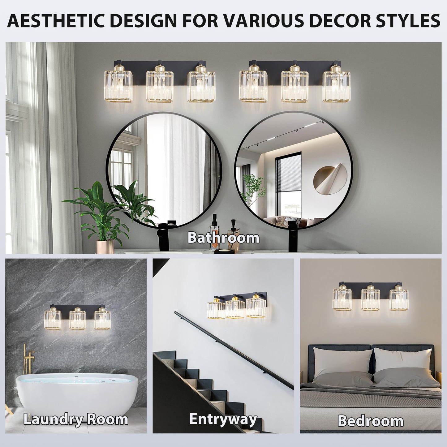 Diamondforge Bathroom Vanity Light Fixtures Over Mirror - Makeup Lighting Black Gold - For Modern Wall  Bath  Desk  Farmhouse  Hallway 3 Crystal Lights