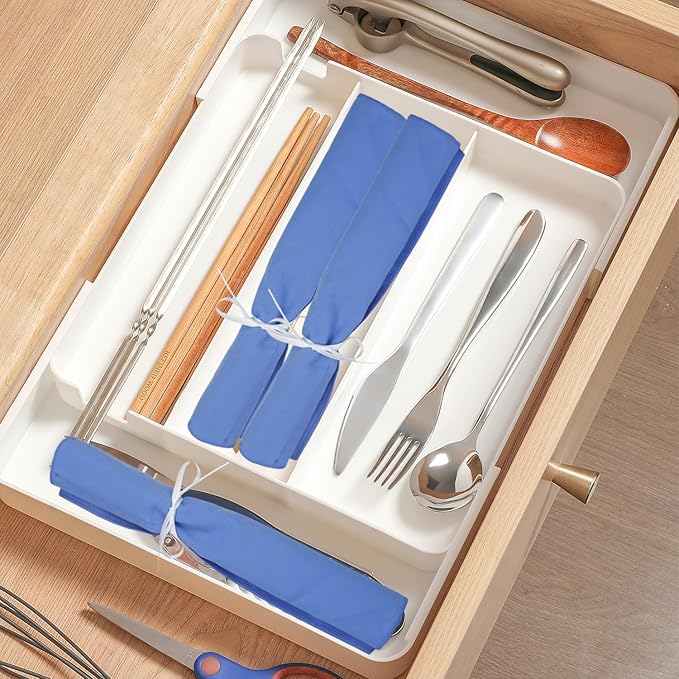 12 Pcs Blue Silverware Organizer,Silver Storage Cloth Felt Flatware Organizer, Silver Protector Bags, Place Setting Roll with Stylish White Ribbon for All Kitchen Cutlery Utensil