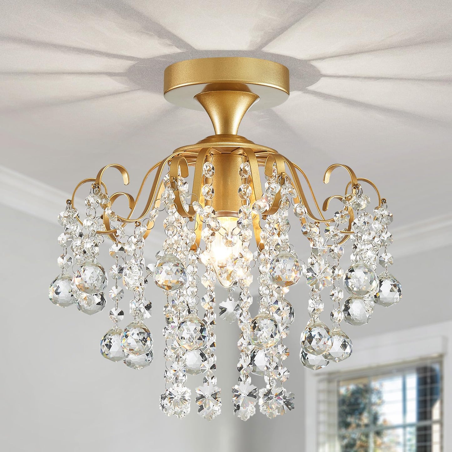 Wuzups Crystal Chandelier Flushmount Ceiling Light Modern Lighting Fixture For Bedroom Hallway Bar Kitchen Bathroom  H 13.4 X W 12.6  E26 Base  Gold