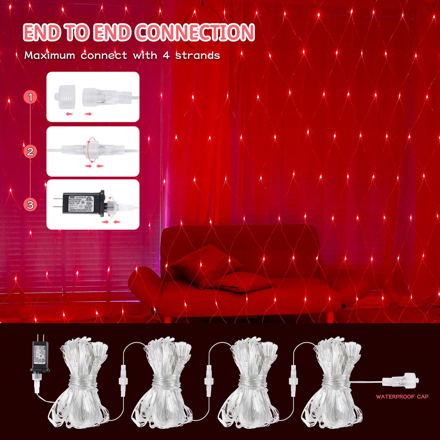 oopswow Christmas Net Lights, 192 LED, 8 Modes, 30V Low Voltage, 9.8ft x 6.6ft, Red, Model QX-U-O-N-