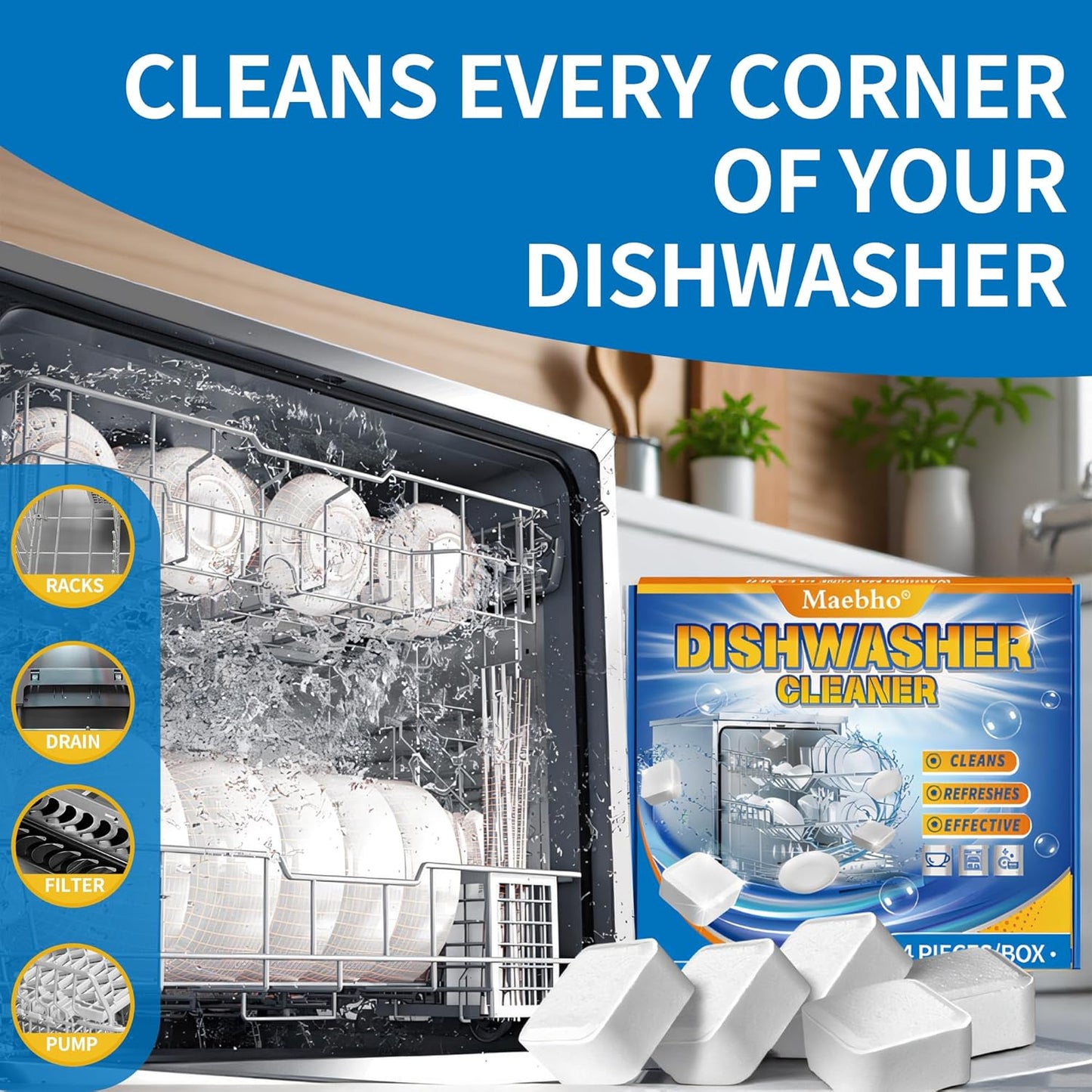 Dishwasher Cleaner and Deodorizer Tablets – 24 Pack, Natural Heavy Duty Deep Cleaning Descaler pods, Compatible with All Dish washer Models, Removes Limescale Grease& Odor, Septic Safe(1-Year Supply)