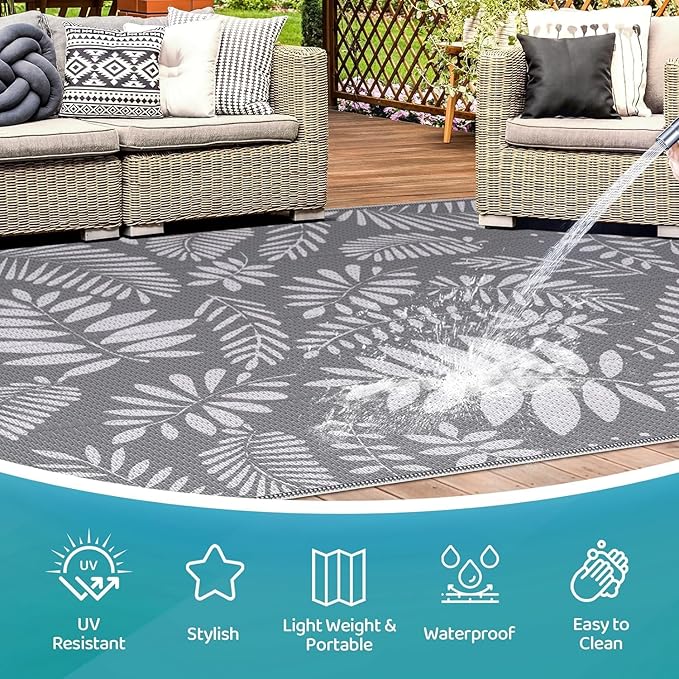 StepRite Outdoor Rug, Patio Rug, Plastic Straw Camping Rugs, Large Waterproof Area Rug and Mat for Outdoors, RV, Patio, Backyard, Deck, Porch, Beach, Balcony, (8'x 10', White&Gray)
