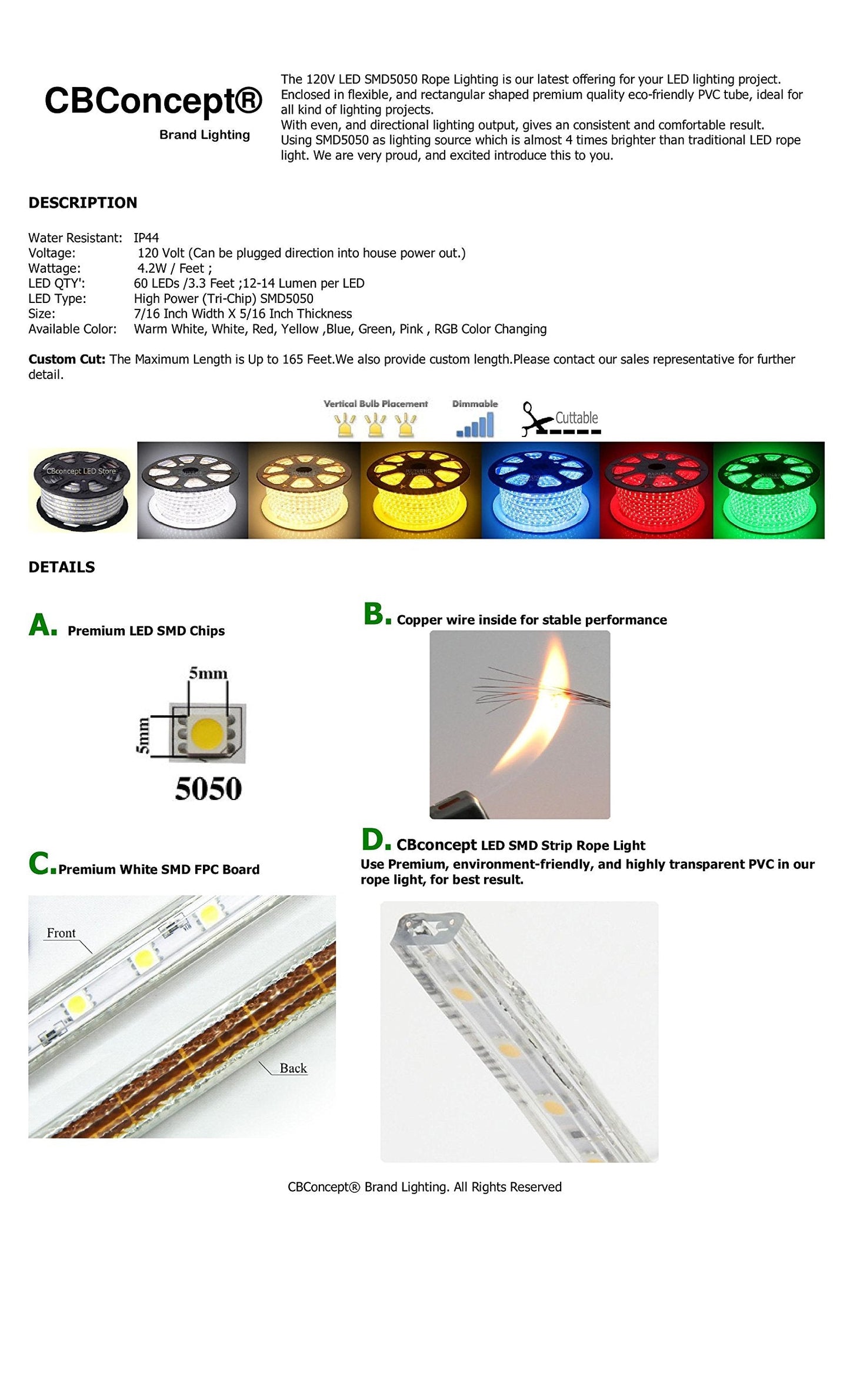 Cbconcept Blue Dimmable Led Strip Light, 30Ft, 3200 Lumen, 110-120V Ac, 540 Smd Leds, Indoor/Outdoor, Model 120Vs