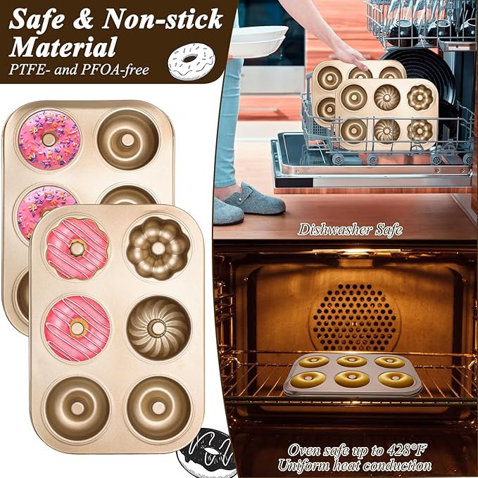 2PCS Donut Pan Carbon Steel 6-Cavity Donut Pan for Baking Doughnut Nonstick & Easy Clean & Dishwasher Safe Donut Mold for Cake, Dessert & Bagel (Champagne Gold)