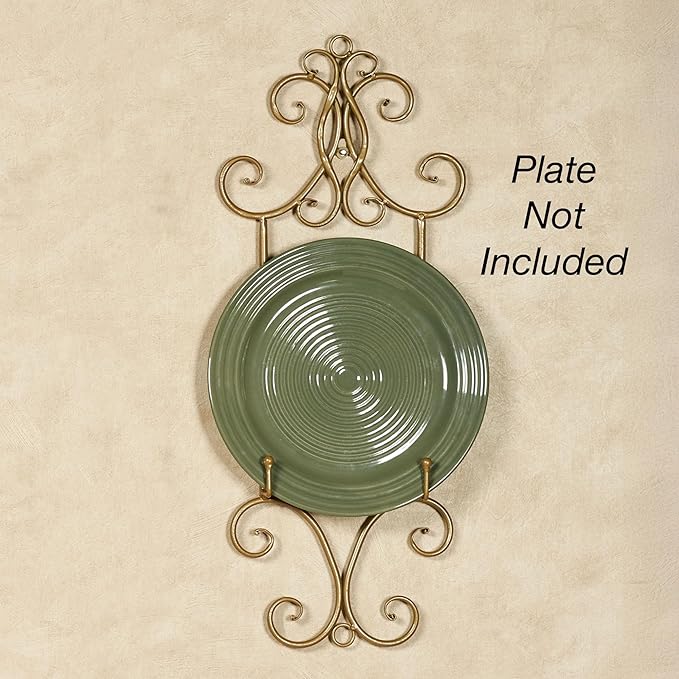Kanya Gold Single Wall Mount Plate Rack | One Plate Decorative Holder | Plate Display Easel | Openwork Scrolls | Traditional Classic Metal Plate Racks | Platter or Plate Stand | Kitchen | Dining Room