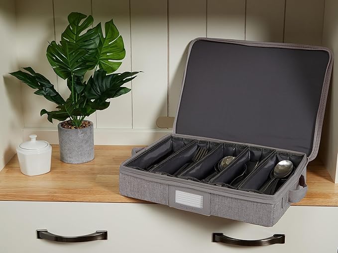 Covermates Keepsakes Flatware Storage Box - Stackable - Reinforced Handles - China Storage, Grey Heather