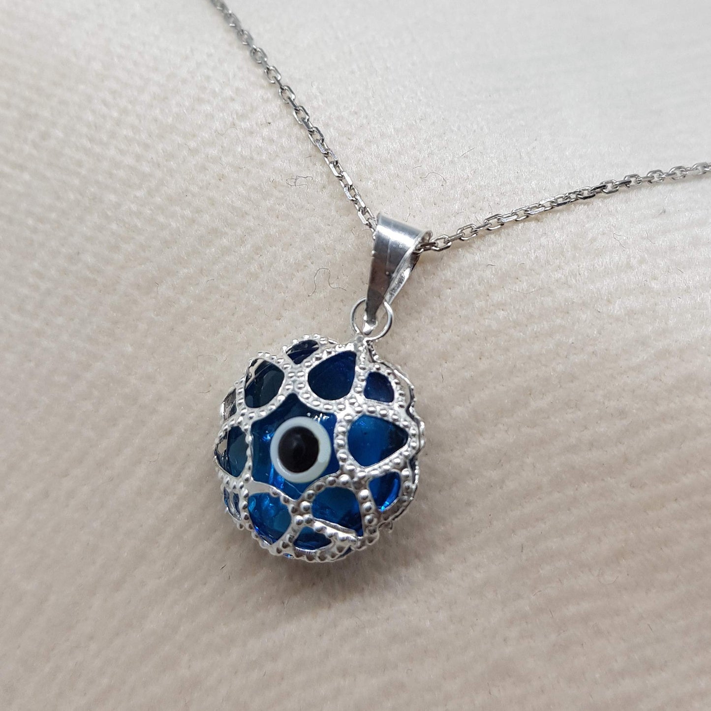MYSTIC JEWELS by Dalia - 925 Sterling Silver Turkish Glass Evil Eye Filigree Pendant with Adjustable Silver Chain